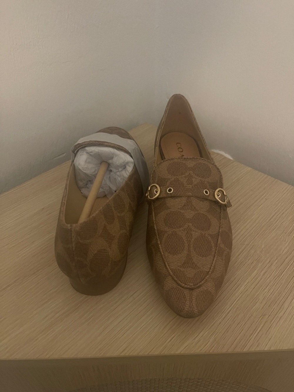 Coach Tan Signature Canvas Loafers with Gold Buckle
